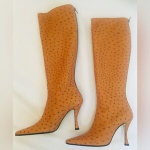 Walter Steiger Tan High Heel Knee-High Ostrich Leather Boots EU 39 US 9 NWOT